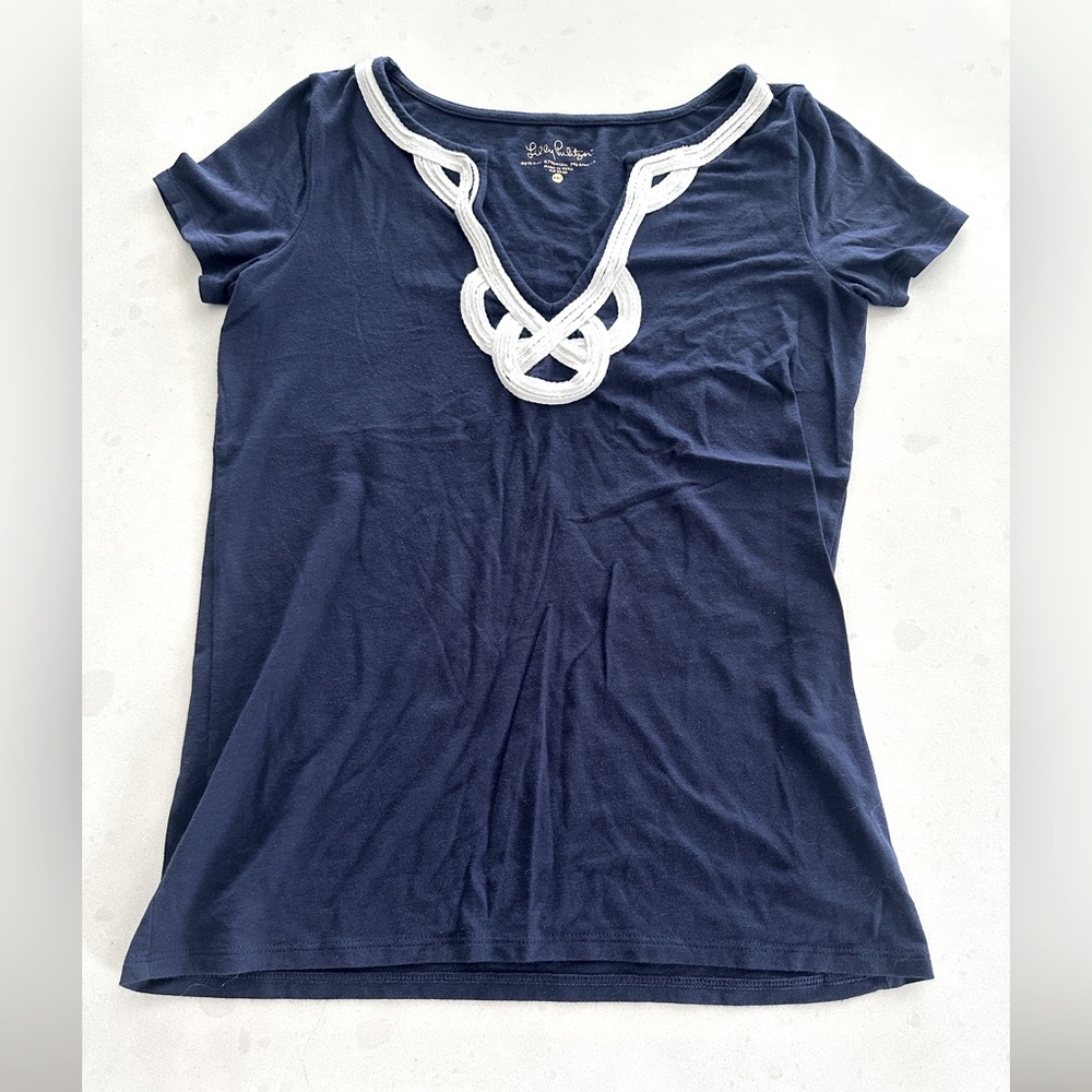 Lilly Pulitzer Brewster Navy Blue Embellished V-Neck Women Top XXS